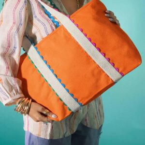 Color Block Colorful Ricrac Detail Canvas Tote Bag 22.5"*13": Orange, One Size