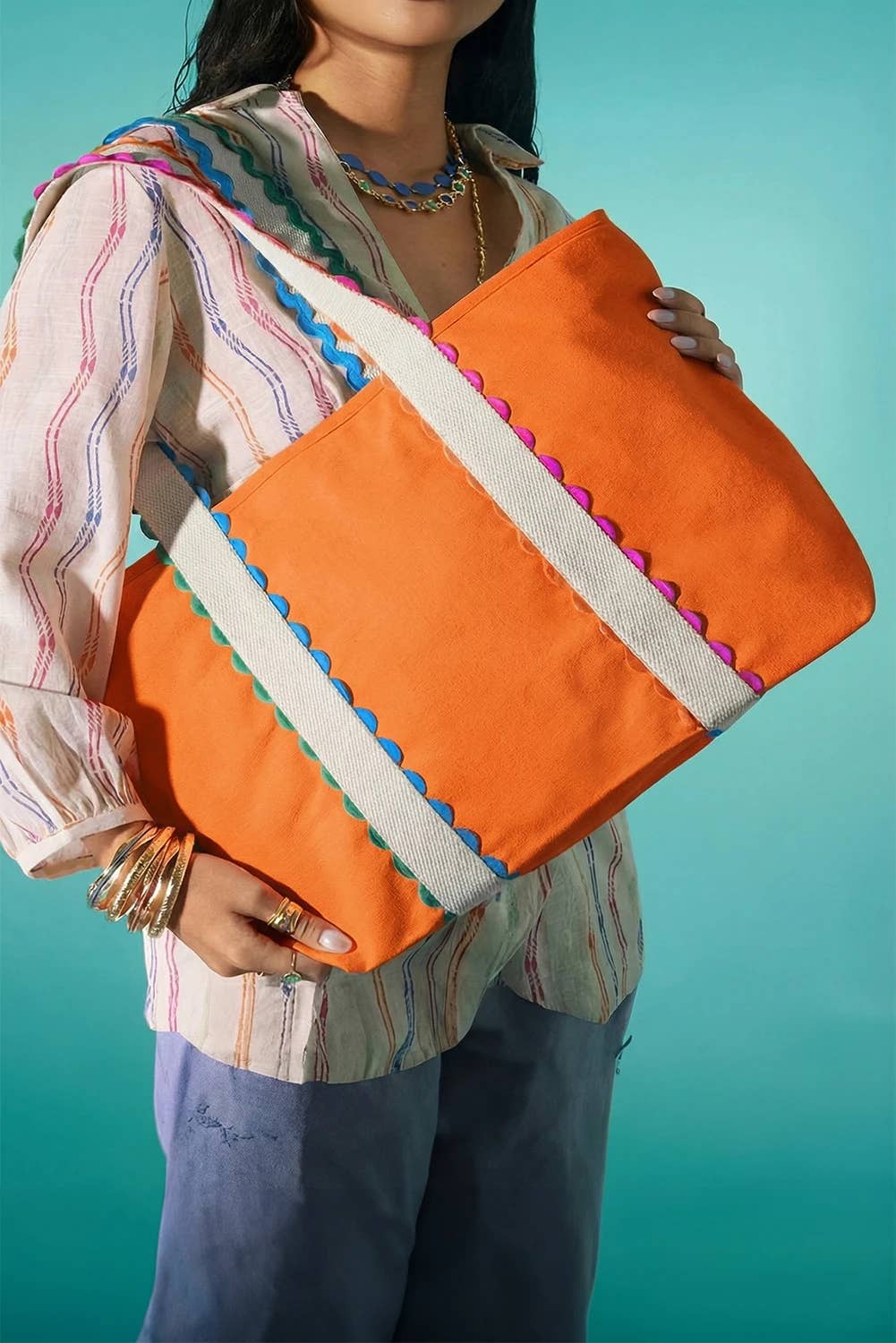 Color Block Colorful Ricrac Detail Canvas Tote Bag 22.5"*13": Orange, One Size