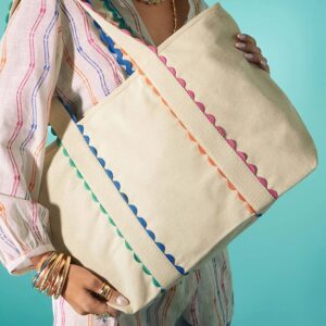 Color Block Colorful Ricrac Detail Canvas Tote Bag 22.5"*13": White, One Size
