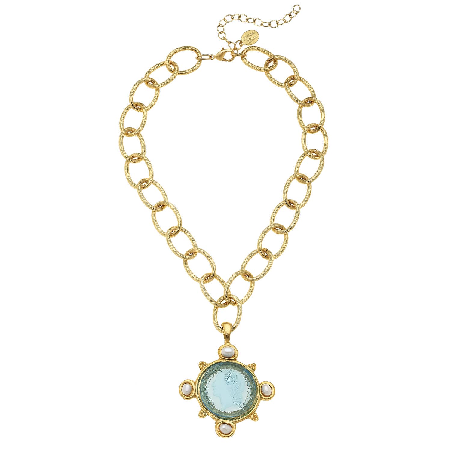 Aqua Venetian Glass Coin Intaglio and Genuine Freshwater Pearls on Chain Necklace