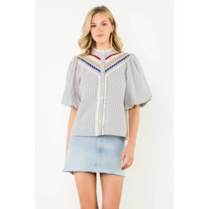 Striped Puff Sleeve Button Trim Top
