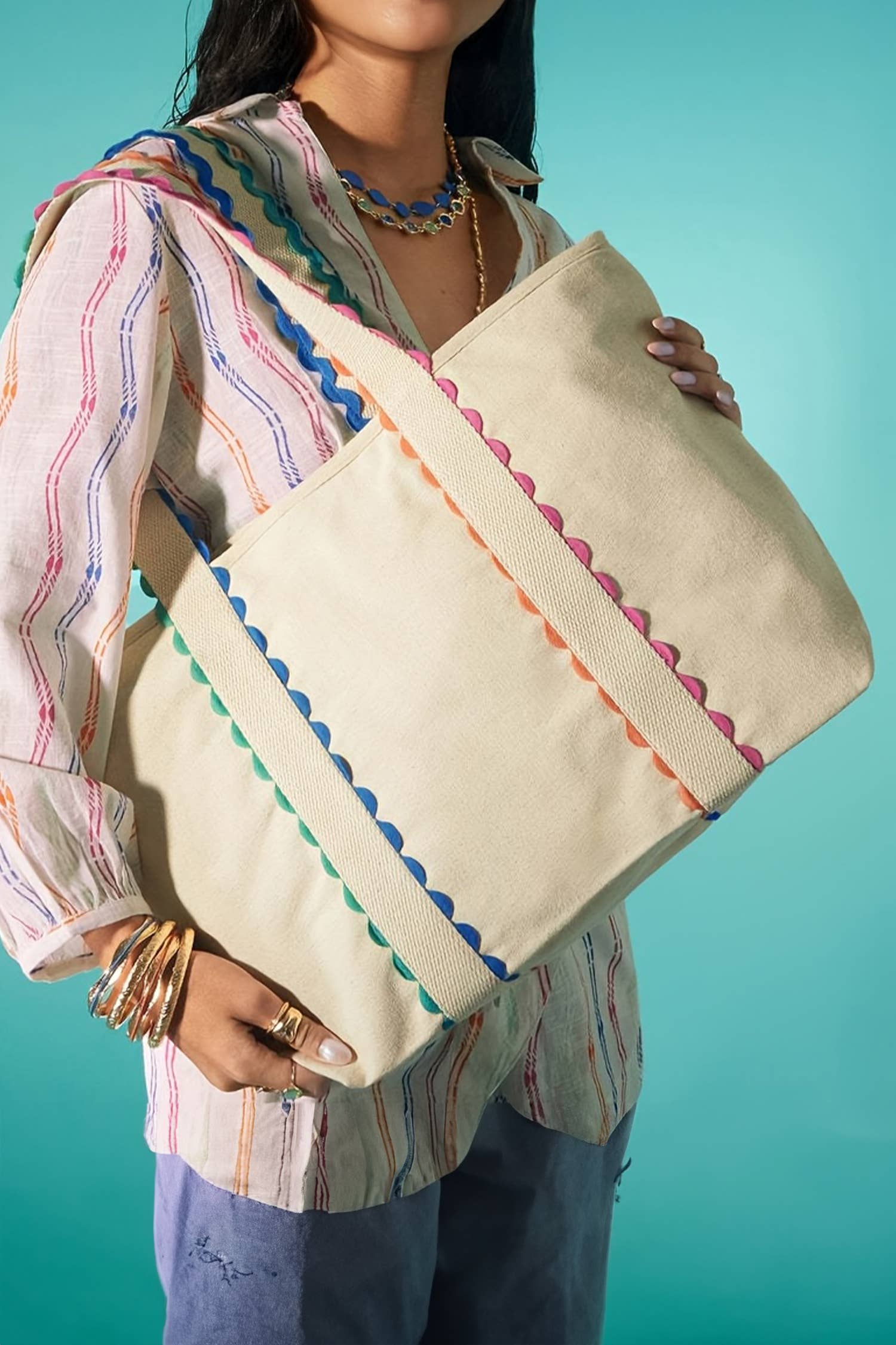 Color Block Colorful Ricrac Detail Canvas Tote Bag 22.5"*13": White, One Size